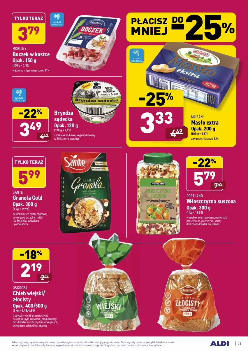 Gazetka promocyjna Aldi - Ale akcja - ważna 19.04 do 25.04.2021 - strona 21 - produkty: Boczek, Bryndza, Chleb, Czekolada, Gra, Granola, LG, Masło, Mięso, Mięso wieprzowe, Miód, Morliny, Pietruszka, Por, Sante, Ser, Serek, Tera