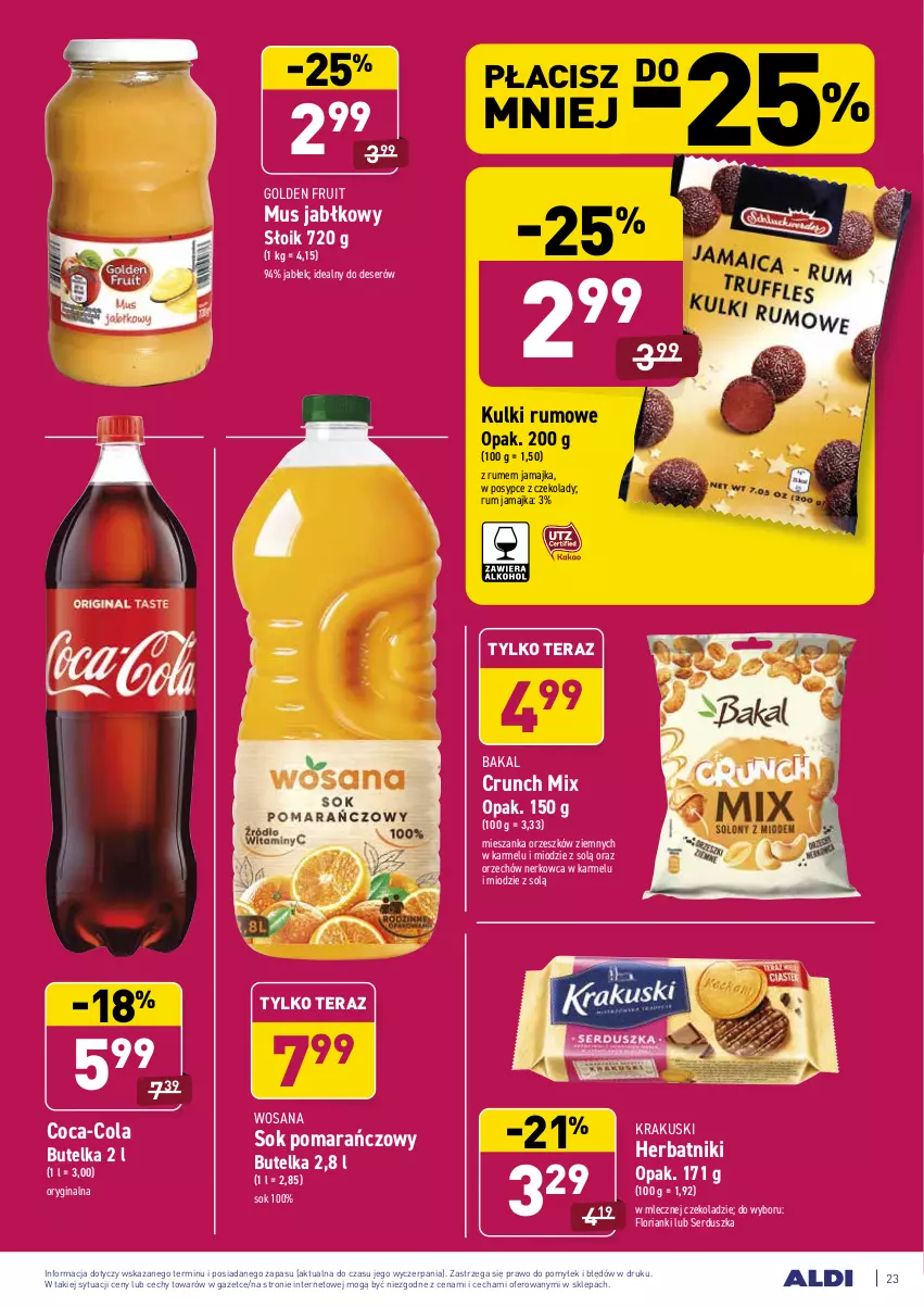 Gazetka promocyjna Aldi - Ale akcja - ważna 19.04 do 25.04.2021 - strona 23 - produkty: Coca-Cola, Deser, Gin, Herbatniki, Krakus, Krakuski, Mus, Rum, Ser, Sok, Sok pomarańczowy, Tera, Wosana