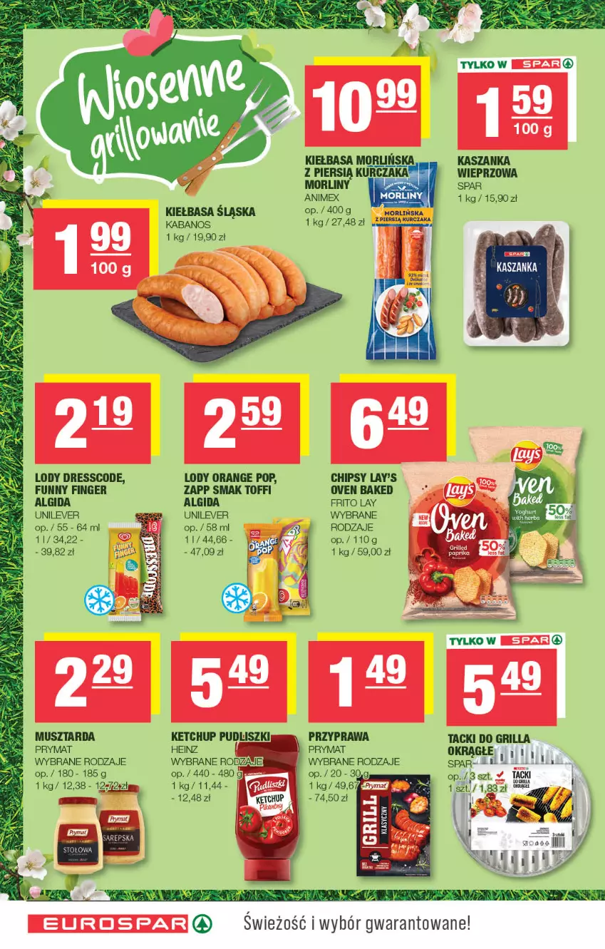 Gazetka promocyjna Spar - EuroSpar - ważna 04.05 do 14.05.2025 - strona 10 - produkty: Algida, Chipsy, Dres, Grill, Heinz, Kabanos, Kasza, Kaszanka, Ketchup, Kiełbasa, Kiełbasa śląska, Kurczak, LG, Lody, Mus, Musztarda, Prymat, Pudliszki