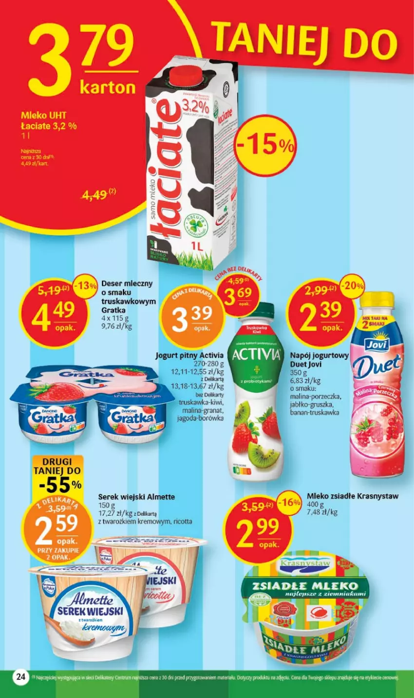 Gazetka promocyjna Delikatesy Centrum - Gazetka DC16 - ważna 27.04 do 03.05.2023 - strona 24 - produkty: Activia, Almette, Borówka, Deser, Deser mleczny, Gra, Granat, Jogurt, Jogurt pitny, Kiwi, Mleko, Mleko zsiadłe, Napój, Napój jogurtowy, Por, Ricotta, Ser, Serek, Serek wiejski