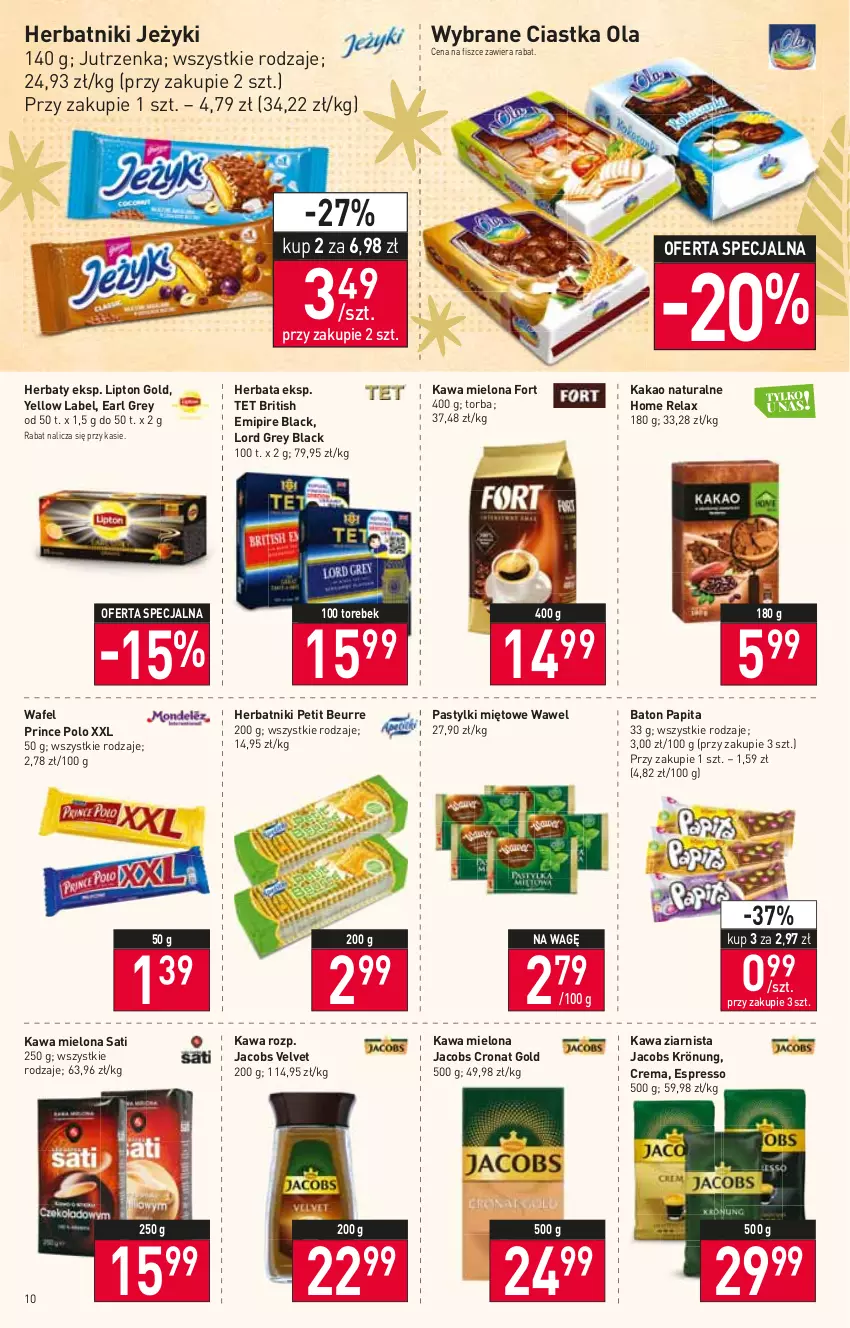 Gazetka promocyjna Stokrotka - Supermarket - ważna 15.12 do 21.12.2022 - strona 10 - produkty: Baton, Brit, Ciastka, Earl Grey, Herbata, Herbatniki, Herbatniki Petit Beurre, Jacobs, Jacobs Krönung, Jacobs Velvet, Jeżyki, Jutrzenka, Kakao, Kawa, Kawa mielona, Kawa ziarnista, Lack, Lipton, Pastylki, Prince Polo, Sati, Torba, Velvet, Wawel