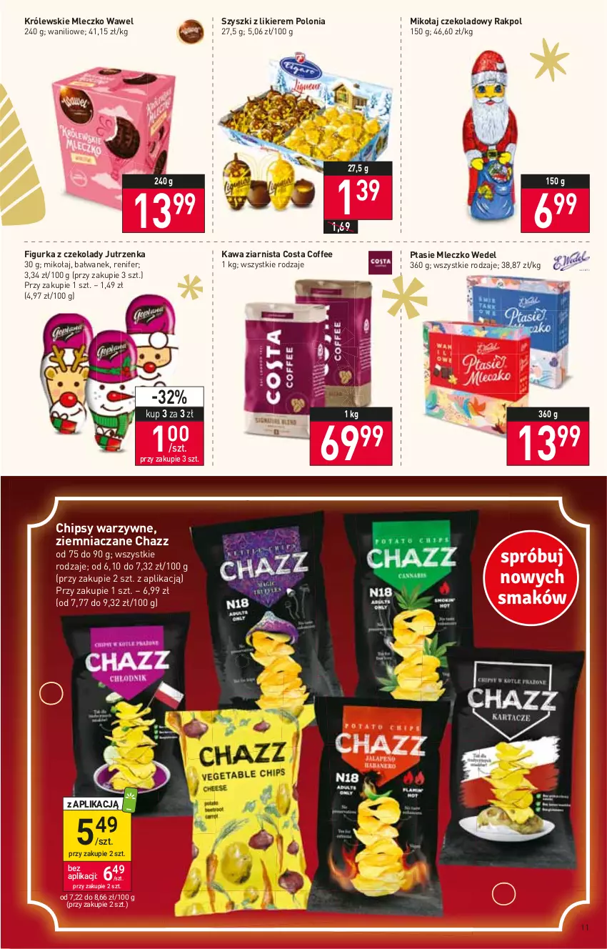 Gazetka promocyjna Stokrotka - Supermarket - ważna 15.12 do 21.12.2022 - strona 11 - produkty: Chipsy, Figurka z czekolady, Jutrzenka, Kawa, Kawa ziarnista, Królewski, Królewskie Mleczko, Likier, Mleczko, Ptasie mleczko, Renifer, Wawel