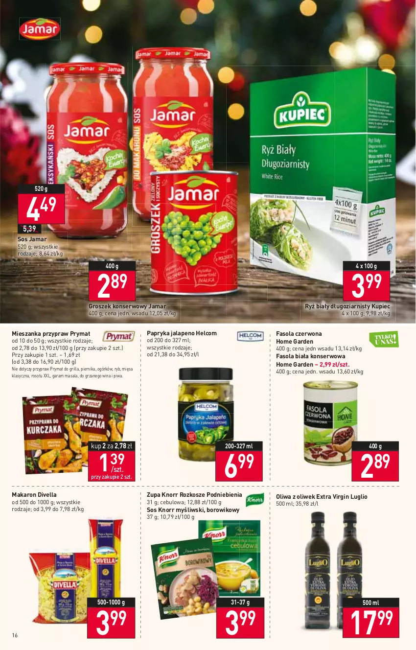 Gazetka promocyjna Stokrotka - Supermarket - ważna 15.12 do 21.12.2022 - strona 16 - produkty: Fa, Fasola, Gin, Grill, Groszek, HELCOM, Knorr, Kosz, Kupiec, Makaron, Oliwa z oliwek, Papryka, Piec, Piernik, Piwa, Prymat, Ryż, Ryż biały, Ser, Sos, Wiko, Zupa