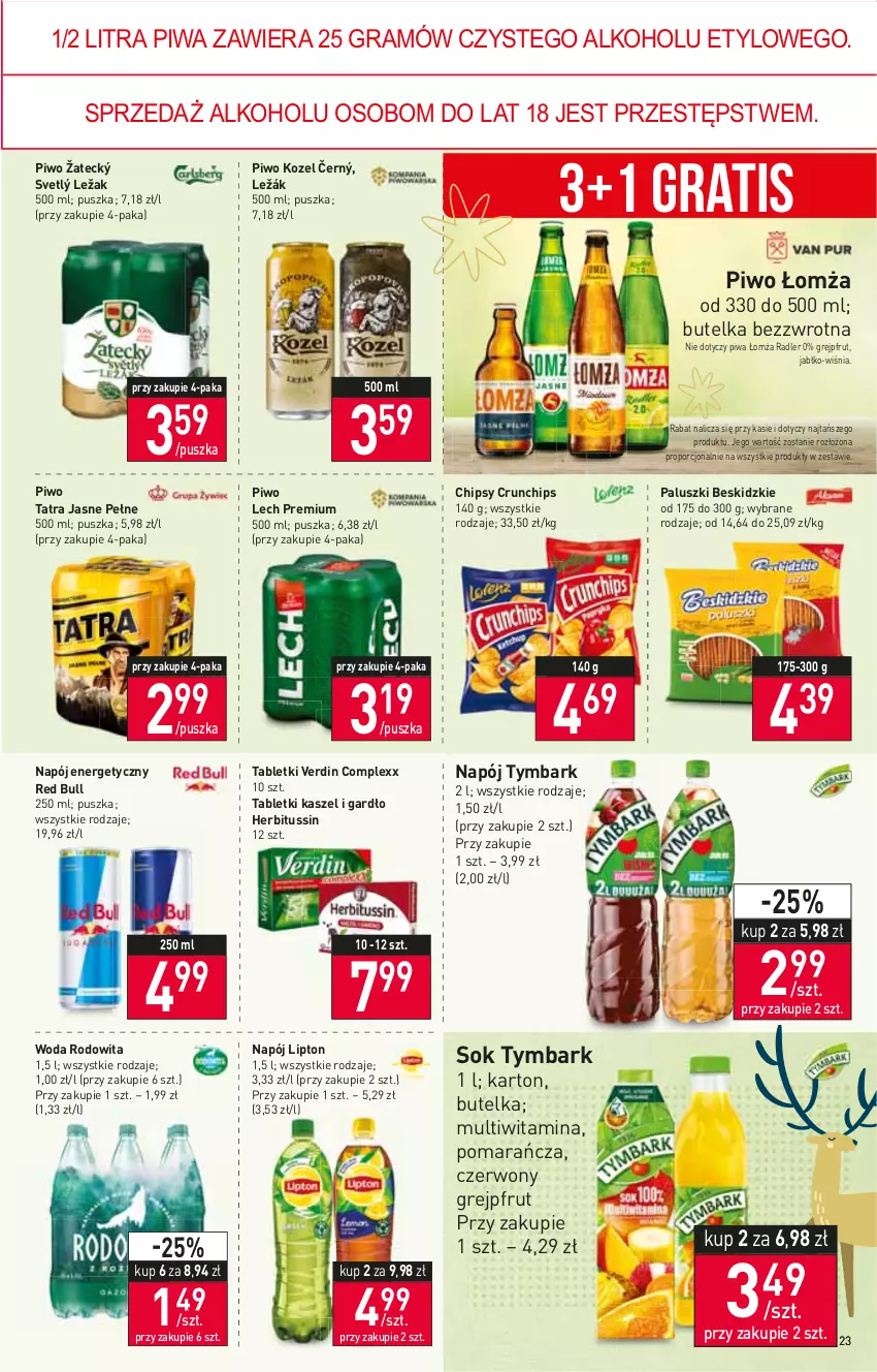 Gazetka promocyjna Stokrotka - Supermarket - ważna 15.12 do 21.12.2022 - strona 23 - produkty: Beskidzki, Chipsy, Crunchips, Gra, Grejpfrut, Kozel, Lech Premium, Lipton, Napój, Napój energetyczny, Piwa, Piwo, Por, Radler, Red Bull, Sok, Tablet, Tatra, Tymbark, Woda