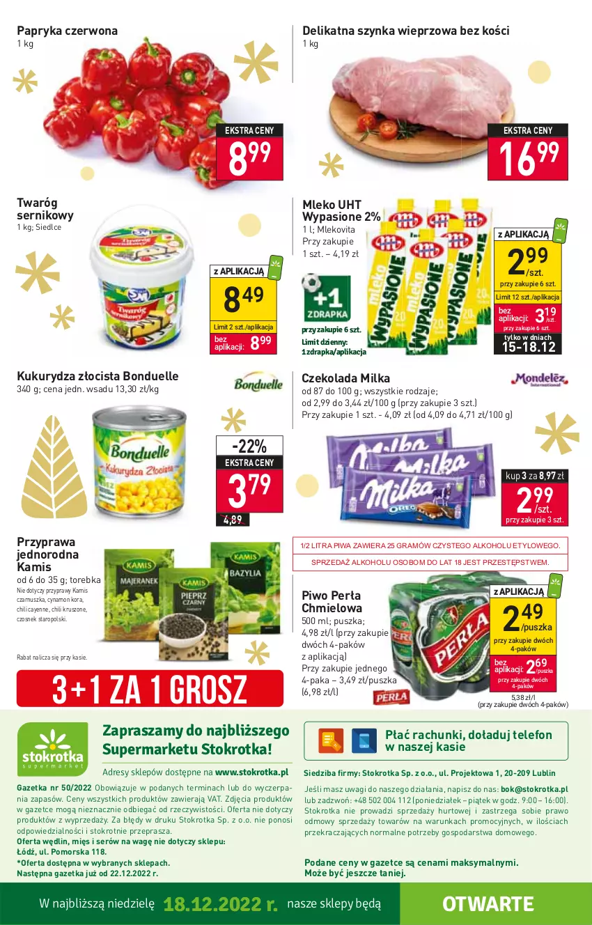 Gazetka promocyjna Stokrotka - Supermarket - ważna 15.12 do 21.12.2022 - strona 28 - produkty: Bonduelle, Czekolada, Czosnek, Gra, Kamis, Kukurydza, Milka, Mleko, Mlekovita, O nas, Papryka, Papryka czerwona, Perła, Piwa, Piwo, Przyprawy, Ser, Szynka, Szynka wieprzowa, Telefon, Torebka, Twaróg, Wagi