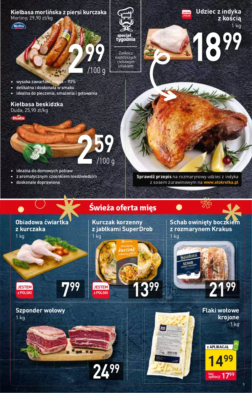 Gazetka promocyjna Stokrotka - Supermarket - ważna 15.12 do 21.12.2022 - strona 5 - produkty: Duda, Flaki, Flaki wołowe, Jabłka, Kiełbasa, Krakus, Kurczak, Morliny, Piec, Sok, Sos, Szponder wołowy, Udziec z indyka, Wino