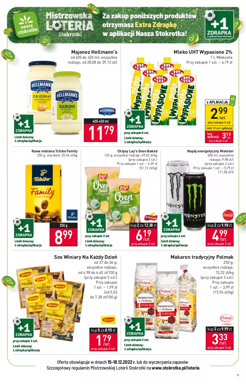 Gazetka promocyjna Stokrotka - Supermarket - ważna 15.12 do 21.12.2022 - strona 9 - produkty: Chipsy, Fa, Hellmann’s, Kawa, Kawa mielona, Lay’s, Majonez, Makaron, Mleko, Mlekovita, Napój, Napój energetyczny, Olma, Sos, Tchibo, Tchibo Family, Winiary