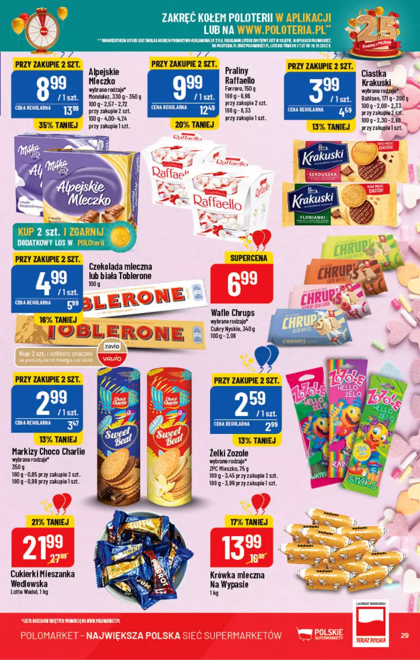 Gazetka promocyjna PoloMarket - Gazetka pomocyjna - ważna 03.08 do 09.08.2022 - strona 29 - produkty: Ciastka, Cukier, Cukierki, Fa, Ferrero, HP, Krakus, Krakuski, Mieszanka wedlowska, Mleczko, Praliny, Raffaello, Toblerone, Wafle