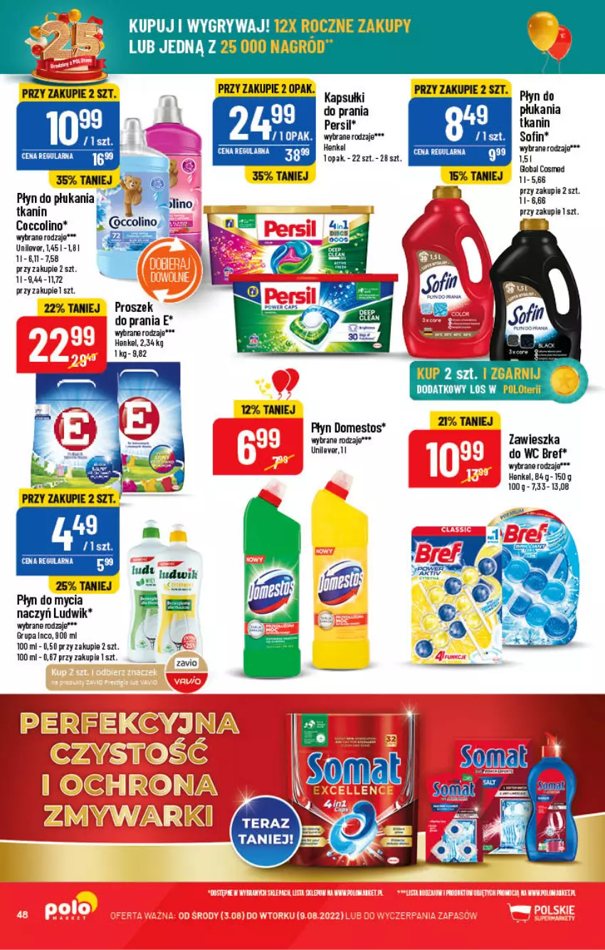 Gazetka promocyjna PoloMarket - Gazetka pomocyjna - ważna 03.08 do 09.08.2022 - strona 48 - produkty: AEG, Bref, Coccolino, Do mycia naczyń, Domestos, Gry, Kapsułki do prania, LANA, Ludwik, Persil, Płyn do mycia, Płyn do mycia naczyń, Płyn do płukania, Proszek do prania, Zawieszka do wc