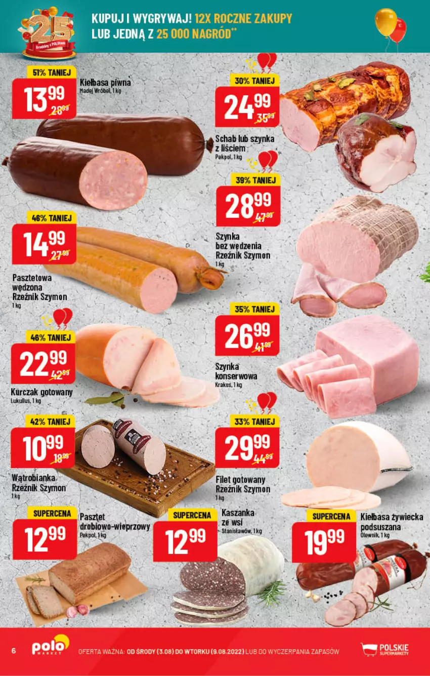 Gazetka promocyjna PoloMarket - Gazetka pomocyjna - ważna 03.08 do 09.08.2022 - strona 6 - produkty: Bianka, Gry, Kasza, Kaszanka, Kiełbasa, Kiełbasa piwna, Krakus, Kurczak, Kurczak gotowany, Madej Wróbel, Olewnik, Pasztet, Pekpol, Ser, Szynka, Szynka konserwowa