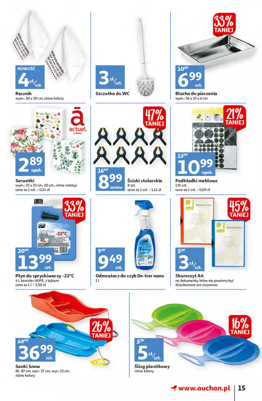 Gazetka promocyjna Auchan - Małe Ceny Hipermarkety - ważna 04.01 do 12.01.2022 - strona 15 - produkty: Blacha do pieczenia, Odmrażacz do szyb, Piec, Płyn do spryskiwaczy, Podkład, Ręcznik, Sanki, Ser, Serwetki, Szczotka, Szczotka do WC