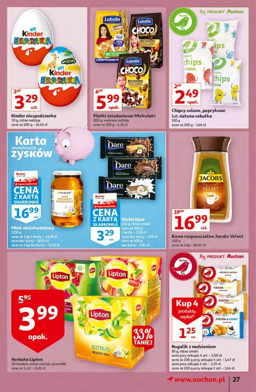 Gazetka promocyjna Auchan - Małe Ceny Hipermarkety - ważna 04.01 do 12.01.2022 - strona 27 - produkty: Chipsy, Danio, Herbata, Jacobs, Jacobs Velvet, Kawa, Kawa rozpuszczalna, Kinder, Lipton, Mleko, Rogal, Velvet