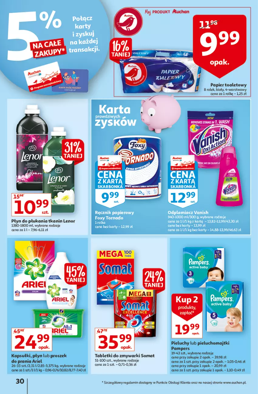 Gazetka promocyjna Auchan - Małe Ceny Hipermarkety - ważna 04.01 do 12.01.2022 - strona 30 - produkty: Ariel, Lenor, Majtki, Pampers, Papier, Papier toaletowy, Pieluchomajtki, Pieluchy, Płyn do płukania, Somat, Tablet, Tabletki do zmywarki, Zmywarki