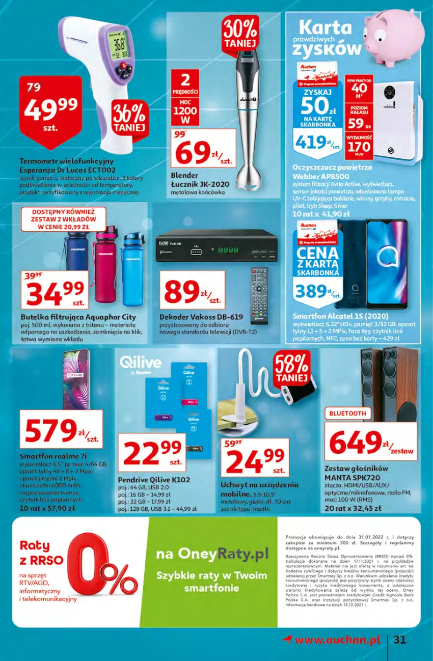 Gazetka promocyjna Auchan - Małe Ceny Hipermarkety - ważna 04.01 do 12.01.2022 - strona 31 - produkty: Aquaphor, Blender, Głośnik, Manta, Mikrofon, Mobil, Pendrive, Por, Smartfon, Termometr