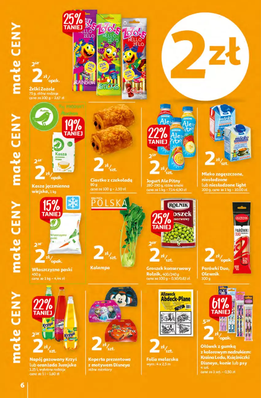 Gazetka promocyjna Auchan - Małe Ceny Hipermarkety - ważna 04.01 do 12.01.2022 - strona 6 - produkty: Disney, Folia malarska, Groszek, Jogurt, Kasza, Kasza jęczmienna, Mleko, Mleko zagęszczone, Napój, Napój gazowany, Oranżada, Parówki, Rolnik, Ser