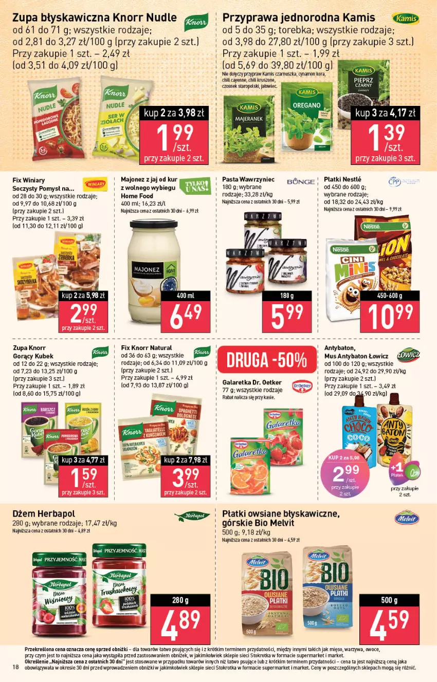 Gazetka promocyjna Stokrotka - Supermarket - ważna 17.08 do 23.08.2023 - strona 20 - produkty: Baton, Czosnek, Dr. Oetker, Dżem, Gala, Galaretka, Herbapol, Kamis, Knorr, Kubek, Majonez, Melvit, Mięso, Mus, Owoce, Pieprz, Płatki owsiane, Torebka, Warzywa, Winiary, Zupa