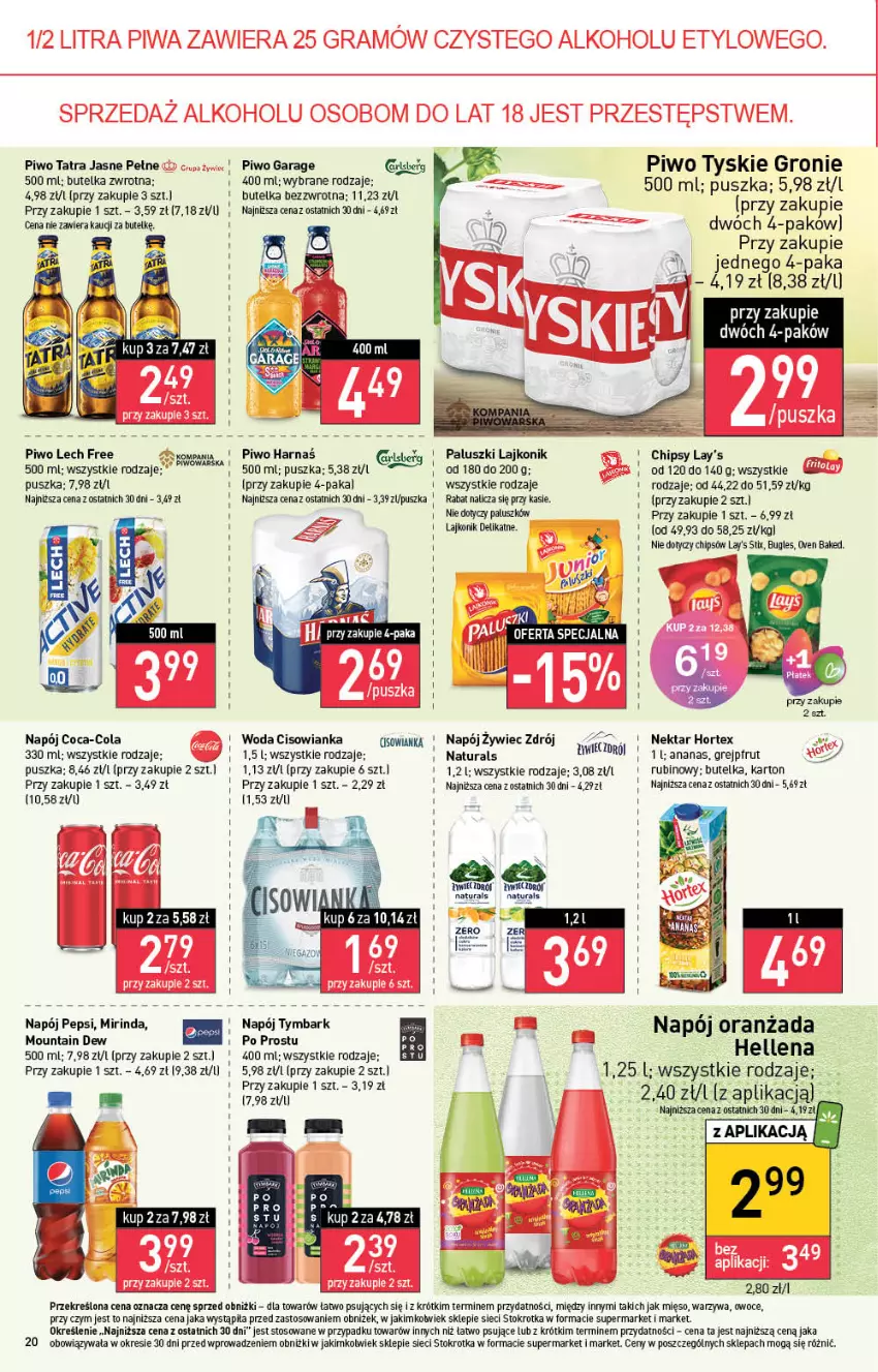 Gazetka promocyjna Stokrotka - Supermarket - ważna 17.08 do 23.08.2023 - strona 22 - produkty: Ananas, Chipsy, Cisowianka, Coca-Cola, Fa, Grejpfrut, Harnaś, Hellena, Hortex, Lajkonik, Mięso, Mirinda, Napój, Nektar, Oranżada, Owoce, Pepsi, Piwo, Rubin, Tatra, Tymbark, Tyskie, Warzywa, Woda