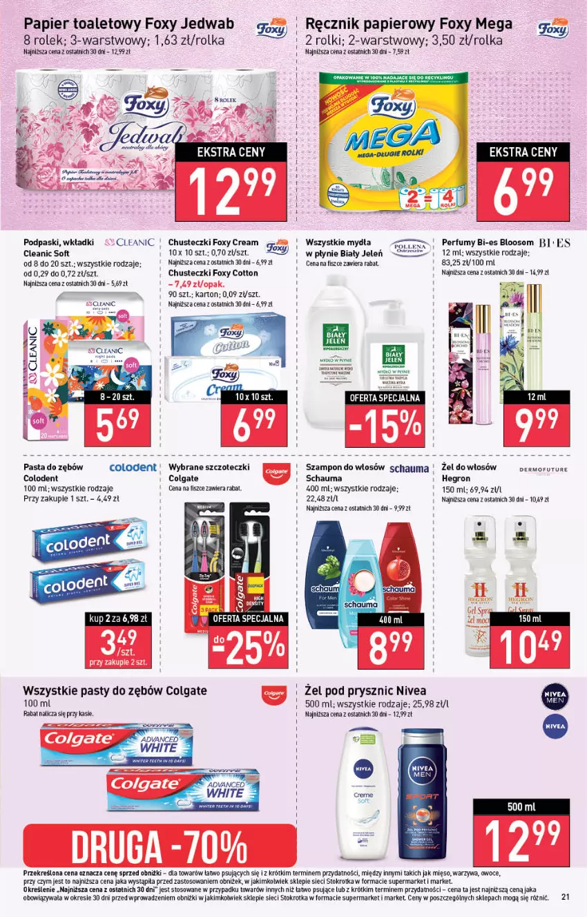 Gazetka promocyjna Stokrotka - Supermarket - ważna 17.08 do 23.08.2023 - strona 23 - produkty: Biały Jeleń, Chusteczki, Cleanic, Colgate, Foxy, Hegron, LG, Mięso, Mydło, Mydło w płynie, Nivea, Owoce, Papier, Papier toaletowy, Pasta do zębów, Perfum, Podpaski, Ręcznik, Rolki, Schauma, Szampon, Warzywa, Wkładki