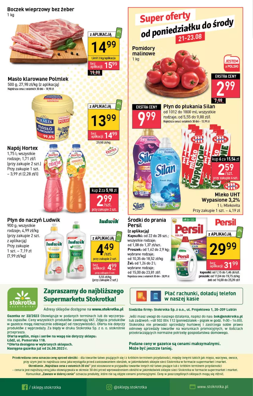 Gazetka promocyjna Stokrotka - Supermarket - ważna 17.08 do 23.08.2023 - strona 26 - produkty: Boczek, Boczek wieprzowy, Dres, Hortex, JBL, Ludwik, Masło, Masło klarowane, Mięso, Mleko, Mlekovita, Napój, O nas, Owoce, Persil, Płyn do płukania, POLMLEK, Pomidory, Ser, Silan, Telefon, Wagi, Warzywa