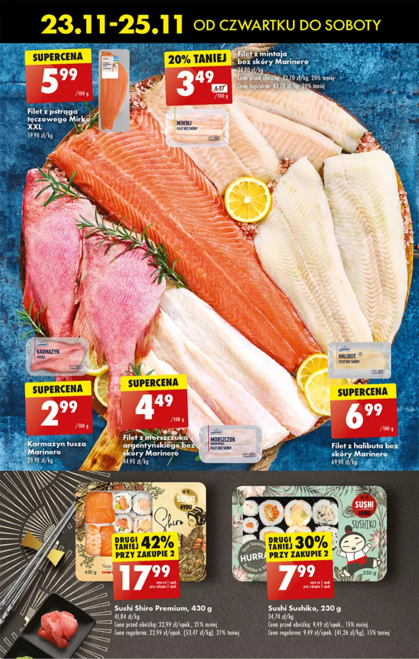 Gazetka promocyjna Biedronka - Od czwartku - ważna 23.11 do 29.11.2023 - strona 23 - produkty: Filet z mintaja, Halibut, Karmazyn tusza, Mintaj, Pstrąg, Sushi, Tusz