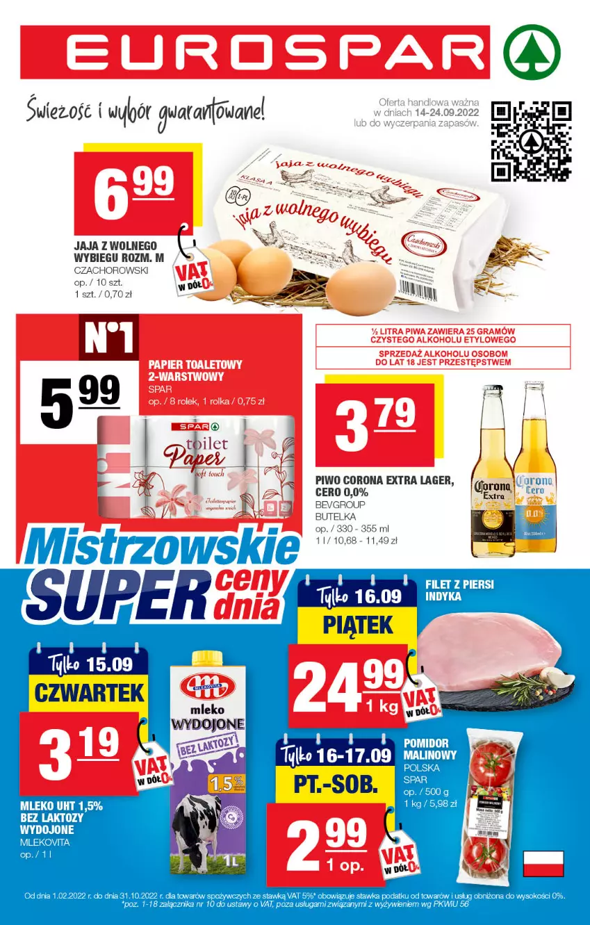 Gazetka promocyjna Spar - EuroSpar - ważna 11.09 do 21.09.2022 - strona 1 - produkty: Corona Extra, Filet z piersi indyka, Jaja, Mleko, Piwo, Sok