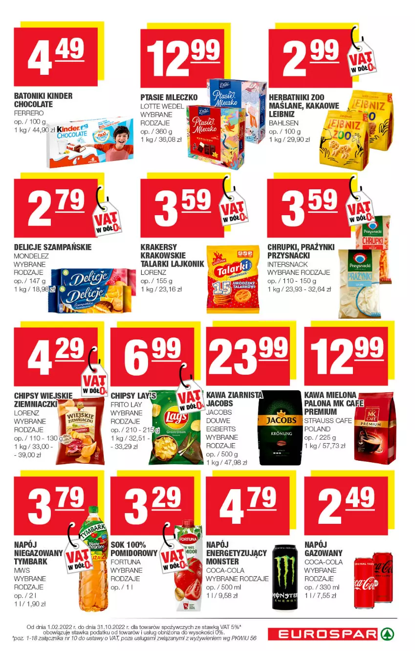 Gazetka promocyjna Spar - EuroSpar - ważna 11.09 do 21.09.2022 - strona 13 - produkty: Baton, Chipsy, Chrupki, Coca-Cola, Delicje, Ferrero, Fortuna, Herbatniki, Jacobs, Kakao, Kawa, Kawa mielona, Kawa ziarnista, Kinder, Krakersy, Lajkonik, Lorenz, Mleczko, Przysnacki, Ptasie mleczko, Sok, Tonik, Tymbark