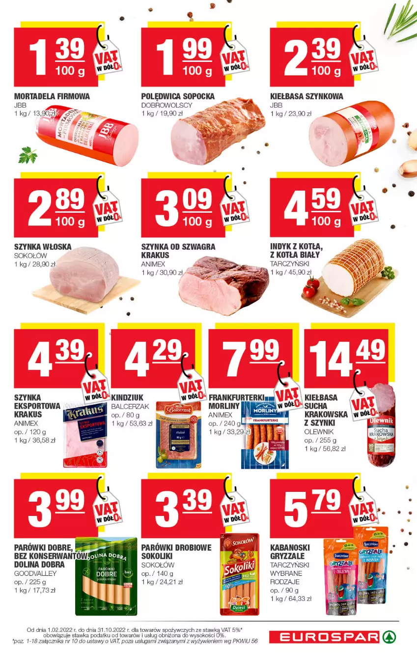 Gazetka promocyjna Spar - EuroSpar - ważna 11.09 do 21.09.2022 - strona 9 - produkty: Frankfurterki, Gra, Gry, Kabanos, Kiełbasa, Kiełbasa szynkowa, Kindziuk, Krakus, Morliny, Olewnik, Parówki, Polędwica, Por, Ser, Sok, Sokołów, Sport, Szynka, Tarczyński