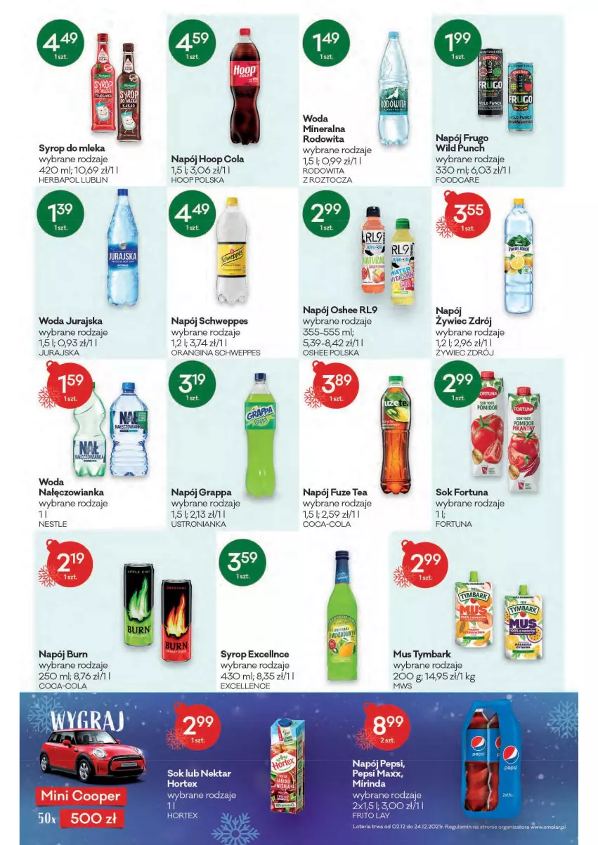 Gazetka promocyjna Groszek - Gazetka - ważna 02.12 do 14.12.2021 - strona 10 - produkty: Coca-Cola, Fortuna, Gin, Gra, Grappa, Herbapol, Hoop, Hortex, Koc, Mola, Mus, Nałęczowianka, Napój, Nektar, Oshee, Pepsi, Pepsi max, Schweppes, Sok, Syrop, Tymbark, Woda, Woda mineralna