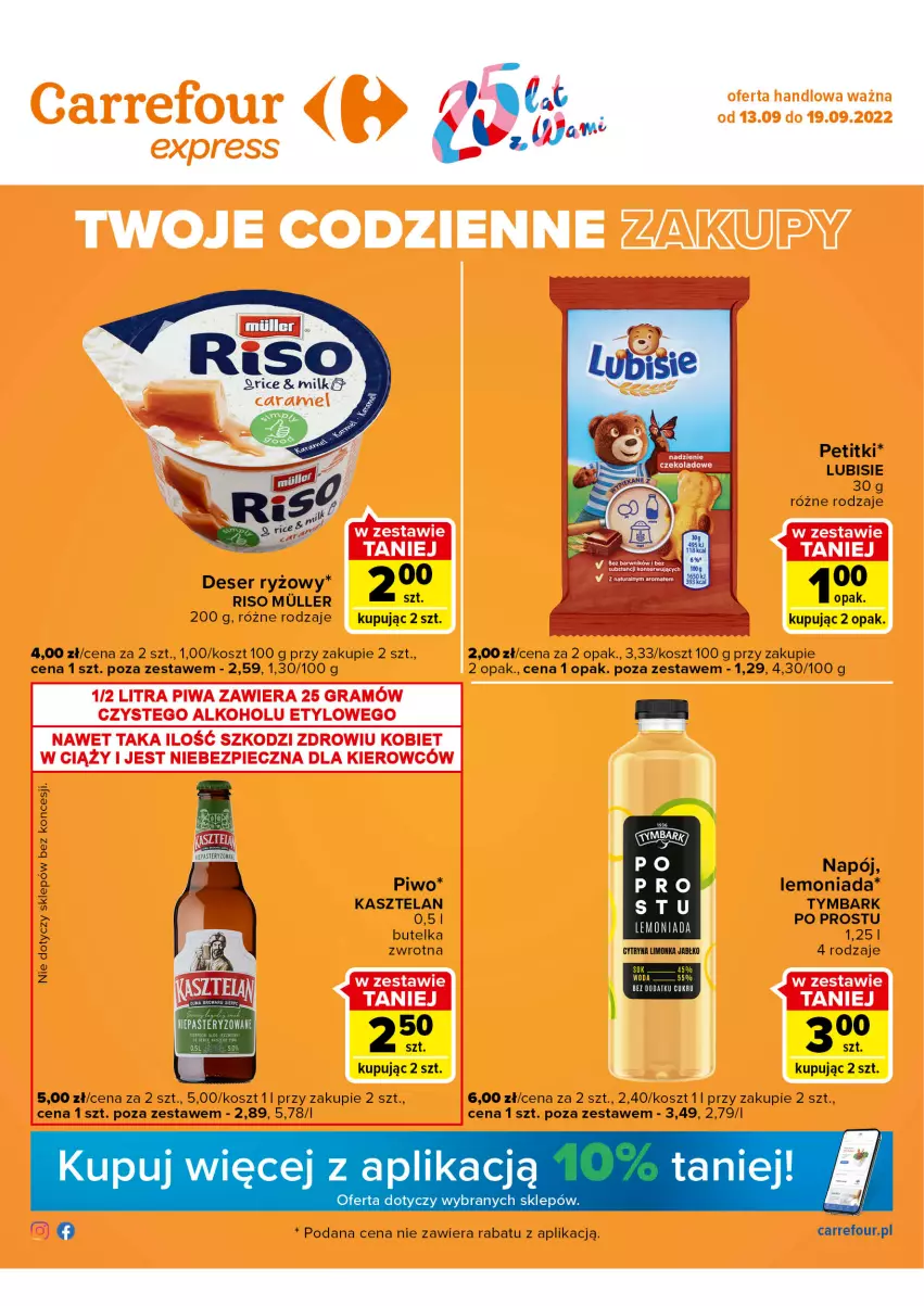 Gazetka promocyjna Carrefour - Gazetka Express - ważna 13.09 do 19.09.2022 - strona 1 - produkty: Deser, Fa, Kasztelan, Kosz, Lemoniada, Lubisie, Napój, Piwo, Ryż, Ser, Tymbark