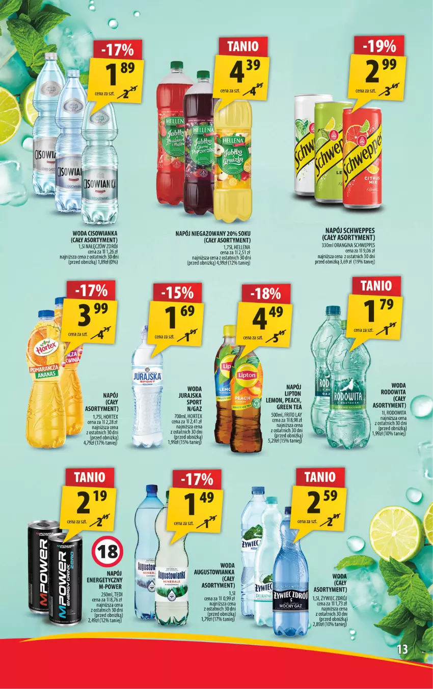 Gazetka promocyjna Arhelan - Gazetka - ważna 26.07 do 04.08.2024 - strona 13 - produkty: Cisowianka, Gin, Hellena, Hortex, Lipton, Napój, Napój energetyczny, Napój niegazowany, Por, Schweppes, Sok, Sport, Woda