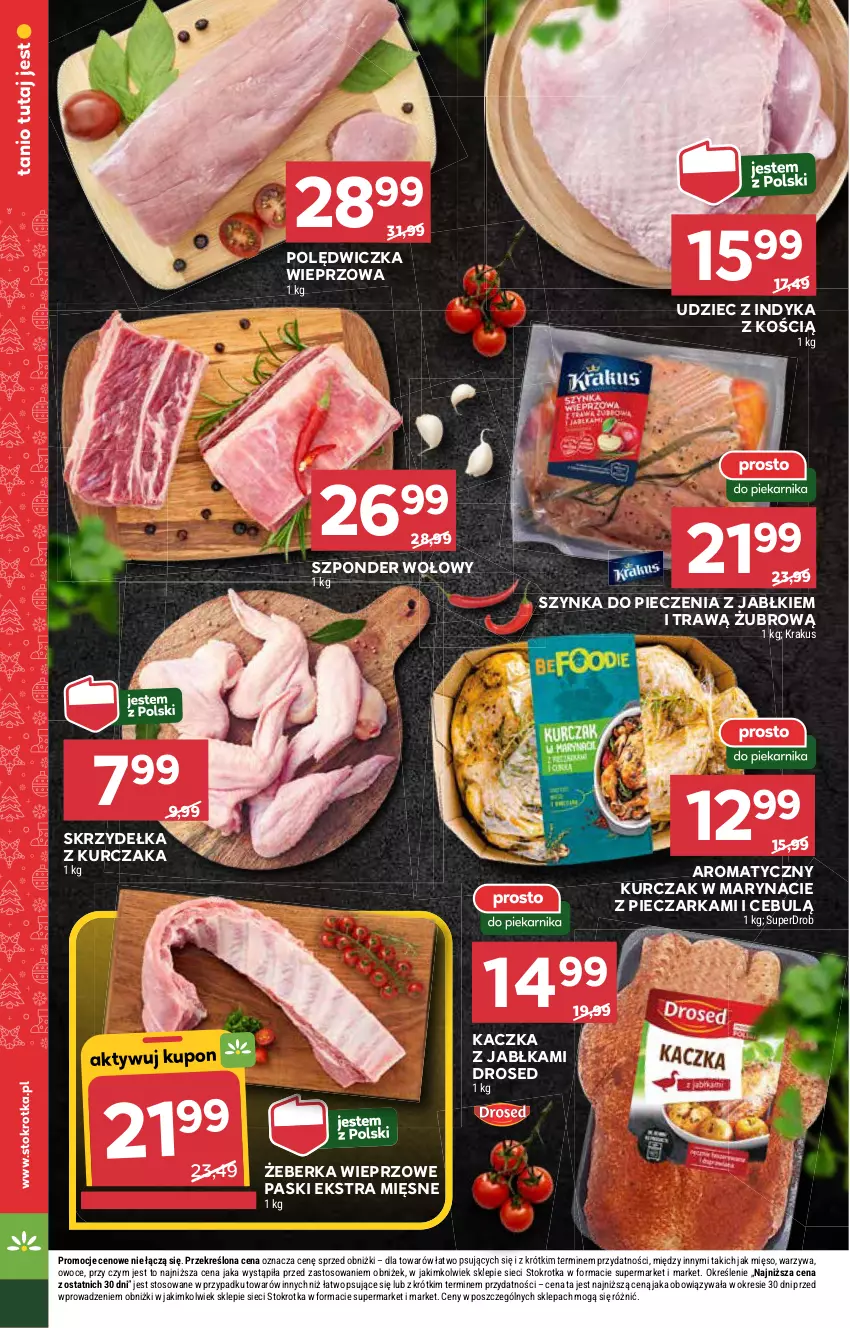 Gazetka promocyjna Stokrotka - Supermarket - ważna 19.12 do 27.12.2024 - strona 18 - produkty: Jabłka, Kaczka, Kurczak, Mięso, Owoce, Piec, Pieczarka, Polędwiczka wieprzowa, Skrzydełka z kurczaka, Szponder wołowy, Szynka, Udziec z indyka, Warzywa