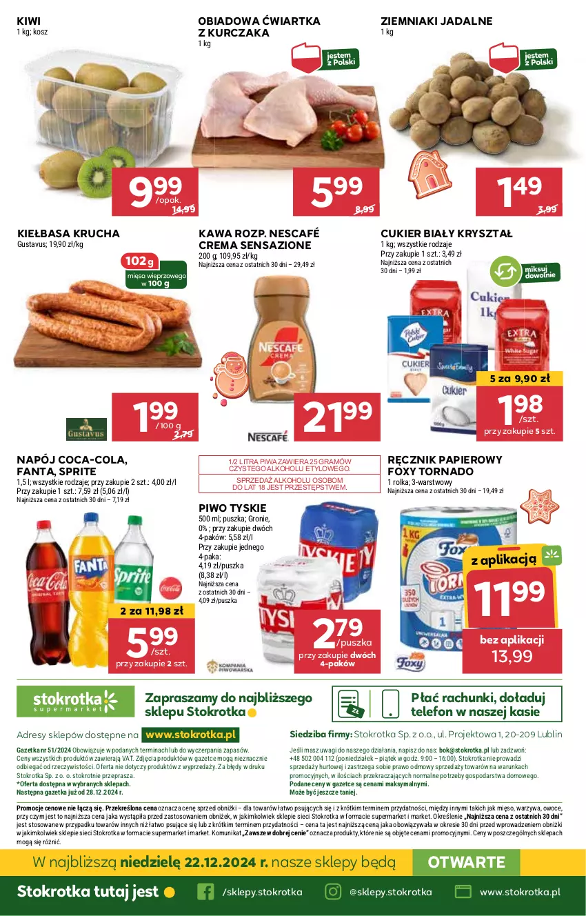 Gazetka promocyjna Stokrotka - Supermarket - ważna 19.12 do 27.12.2024 - strona 40 - produkty: Coca-Cola, Cukier, Dres, Fa, Fanta, Foxy, Gra, JBL, Kawa, Kiełbasa, Kiełbasa krucha, Kiwi, Kosz, Kurczak, Mięso, Napój, Nescafé, O nas, Owoce, Papier, Piwa, Piwo, Ręcznik, Sprite, Telefon, Tyskie, Wagi, Warzywa, Ziemniaki