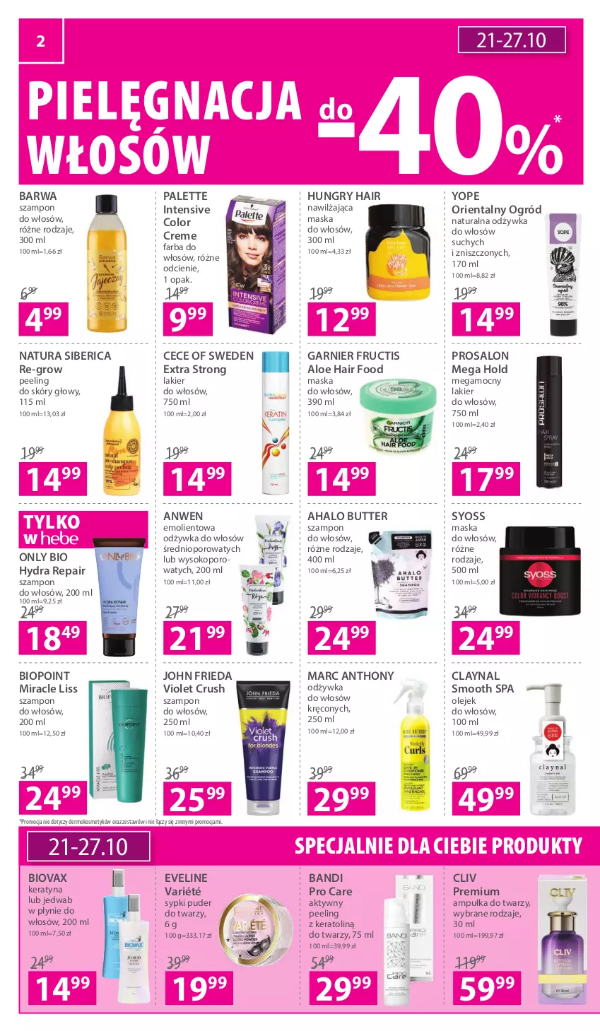 Gazetka promocyjna Hebe - Gazetka - ważna 21.10 do 03.11.2021 - strona 2 - produkty: Bandi, Biovax, Color Creme, Eveline, Fa, Farba do włosów, Fructis, Garnier, Gry, Halo, John frieda, Lakier, Lakier do włosów, Maska, Maska do włosów, Natura Siberica, Odżywka, Ogród, Olej, Palette, Peeling, Por, Puder, Puder do twarzy, Sok, Syoss, Szampon, Yope