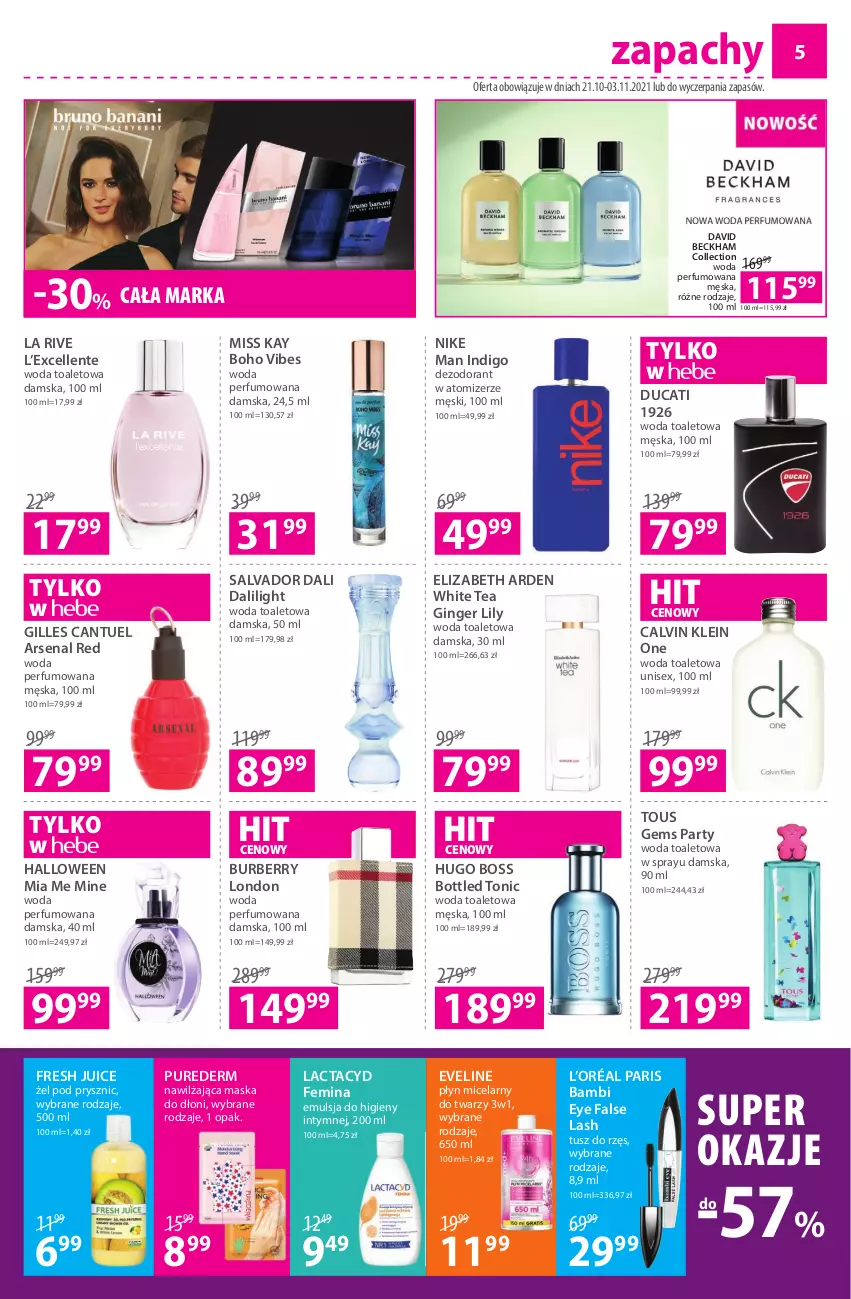 Gazetka promocyjna Hebe - Gazetka - ważna 21.10 do 03.11.2021 - strona 5 - produkty: Burberry, Calvin Klein, David Beckham, Dezodorant, Ducati, Elizabeth Arden, Emulsja, Eveline, Fa, Gin, Hugo Boss, L’Oréal, La Rive, Lactacyd, Maska, Nike, Perfum, Płyn micelarny, Pur, Tusz, Woda, Woda perfumowana, Woda toaletowa