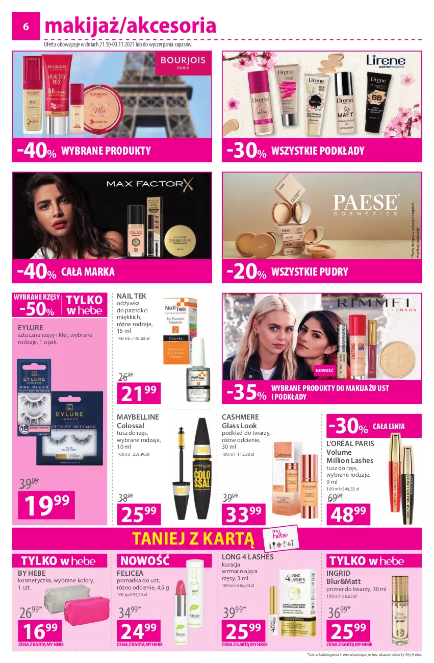 Gazetka promocyjna Hebe - Gazetka - ważna 21.10 do 03.11.2021 - strona 6 - produkty: Bell, GRID, Klej, Kosmetyczka, L’Oréal, Lion, Long 4 Lashes, Makijaż, Maybelline, Odżywka, Podkład, Podkład do twarzy, Produkty do makijażu, Sztuczne rzęsy, Tusz