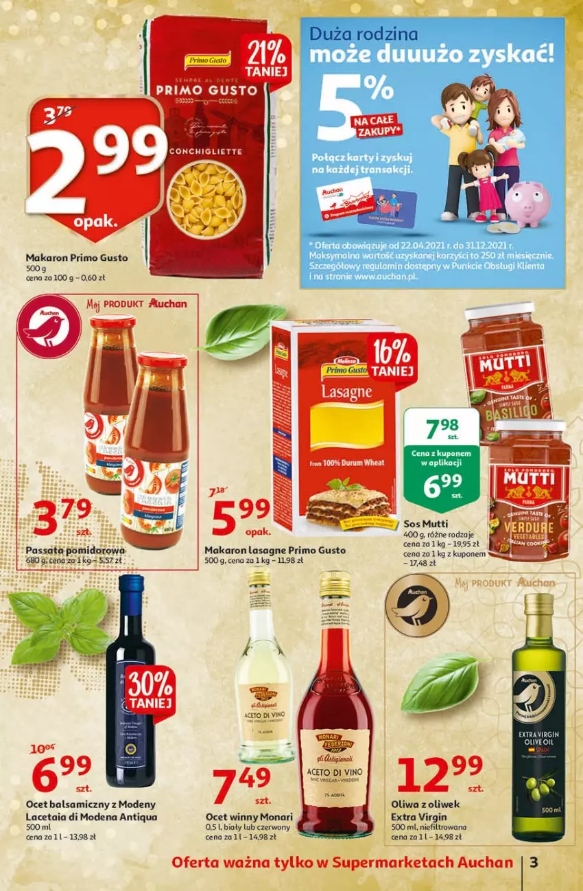 Gazetka promocyjna Auchan - 25 Urodziny #3 Supermarkety - ważna 06.05 do 13.05.2021 - strona 3 - produkty: Gin, Lasagne, Makaron, Ocet, Ocet balsamiczny, Oliwa z oliwek, Por, Sos