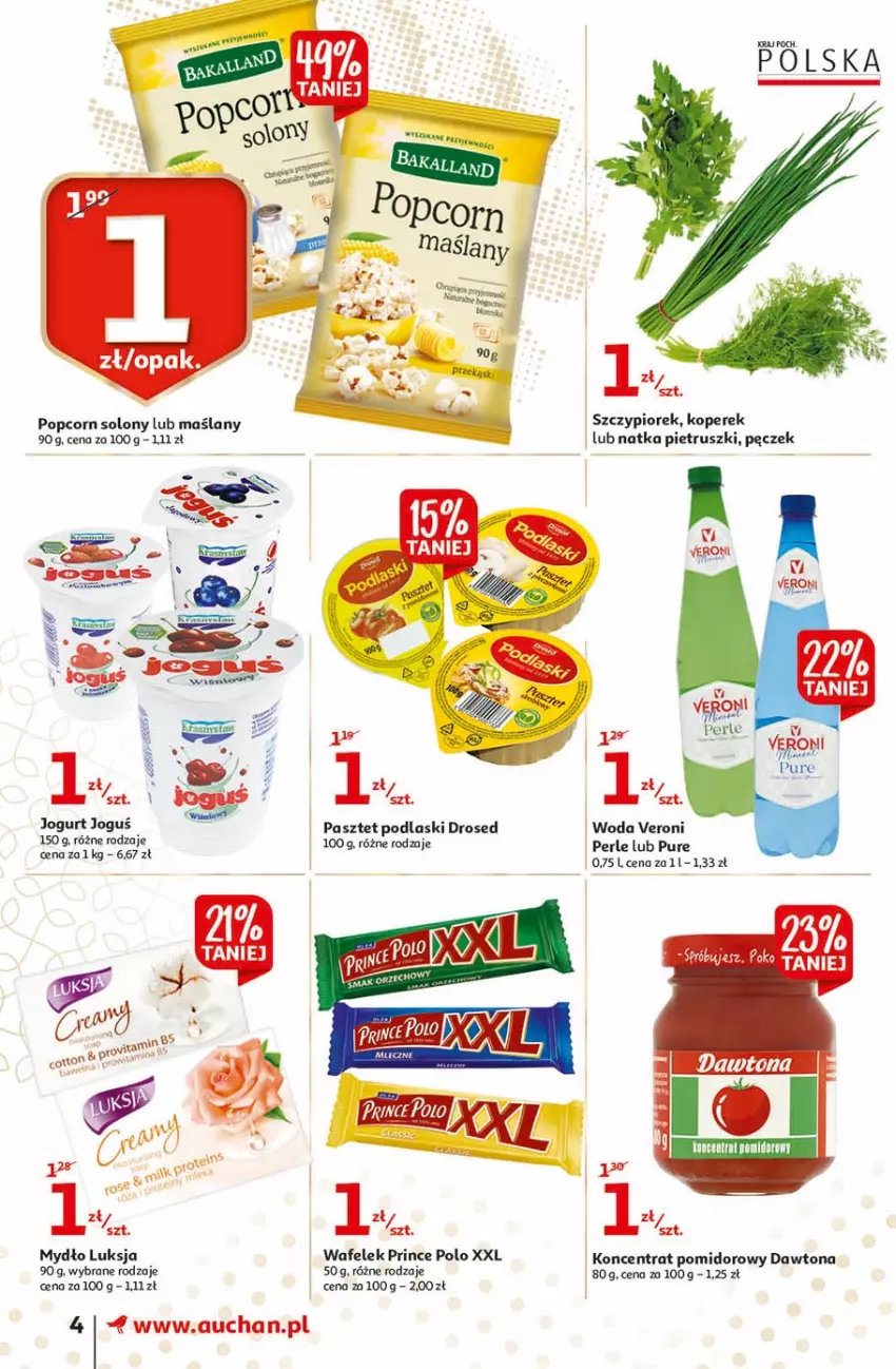 Gazetka promocyjna Auchan - 25 Urodziny #3 Supermarkety - ważna 06.05 do 13.05.2021 - strona 4 - produkty: Dawtona, Jogurt, Koncentrat pomidorowy, Luksja, Mydło, Natka pietruszki, Pasztet, Podlaski, Popcorn, Prince Polo, Pur, Wafelek, Woda