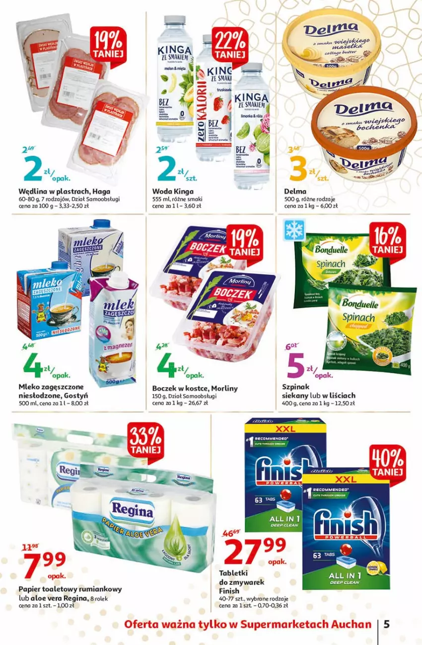 Gazetka promocyjna Auchan - 25 Urodziny #3 Supermarkety - ważna 06.05 do 13.05.2021 - strona 5 - produkty: Aloe vera, Boczek, Delma, Finish, Gin, Mleko, Mleko zagęszczone, Morliny, Papier, Papier toaletowy, Rum, Szpinak, Tablet, Wędlina, Woda