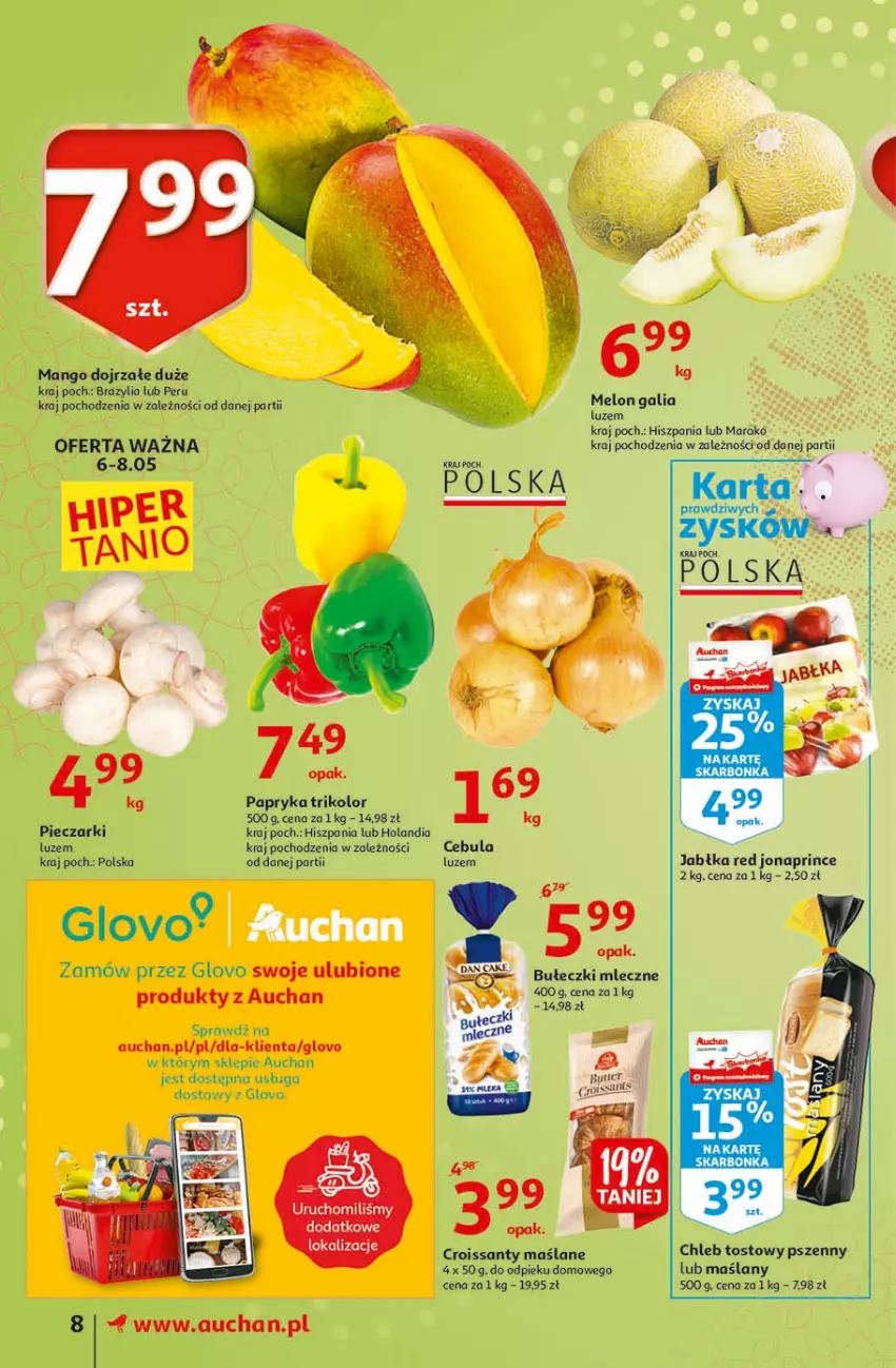 Gazetka promocyjna Auchan - 25 Urodziny #3 Supermarkety - ważna 06.05 do 13.05.2021 - strona 8 - produkty: Bułeczki, Bułeczki mleczne, Cebula, Chleb, Chleb tostowy, Croissant, Jabłka, Mango, Melon, Papryka, Piec