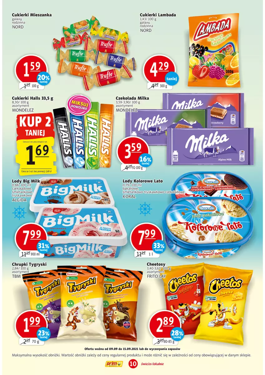 Gazetka promocyjna Prim Market - Gazetka - ważna 09.09 do 15.09.2021 - strona 10 - produkty: Cheetos, Chrupki, Cukier, Cukierki, Czekolada, Gala, Gry, Halls, Milka, Sok