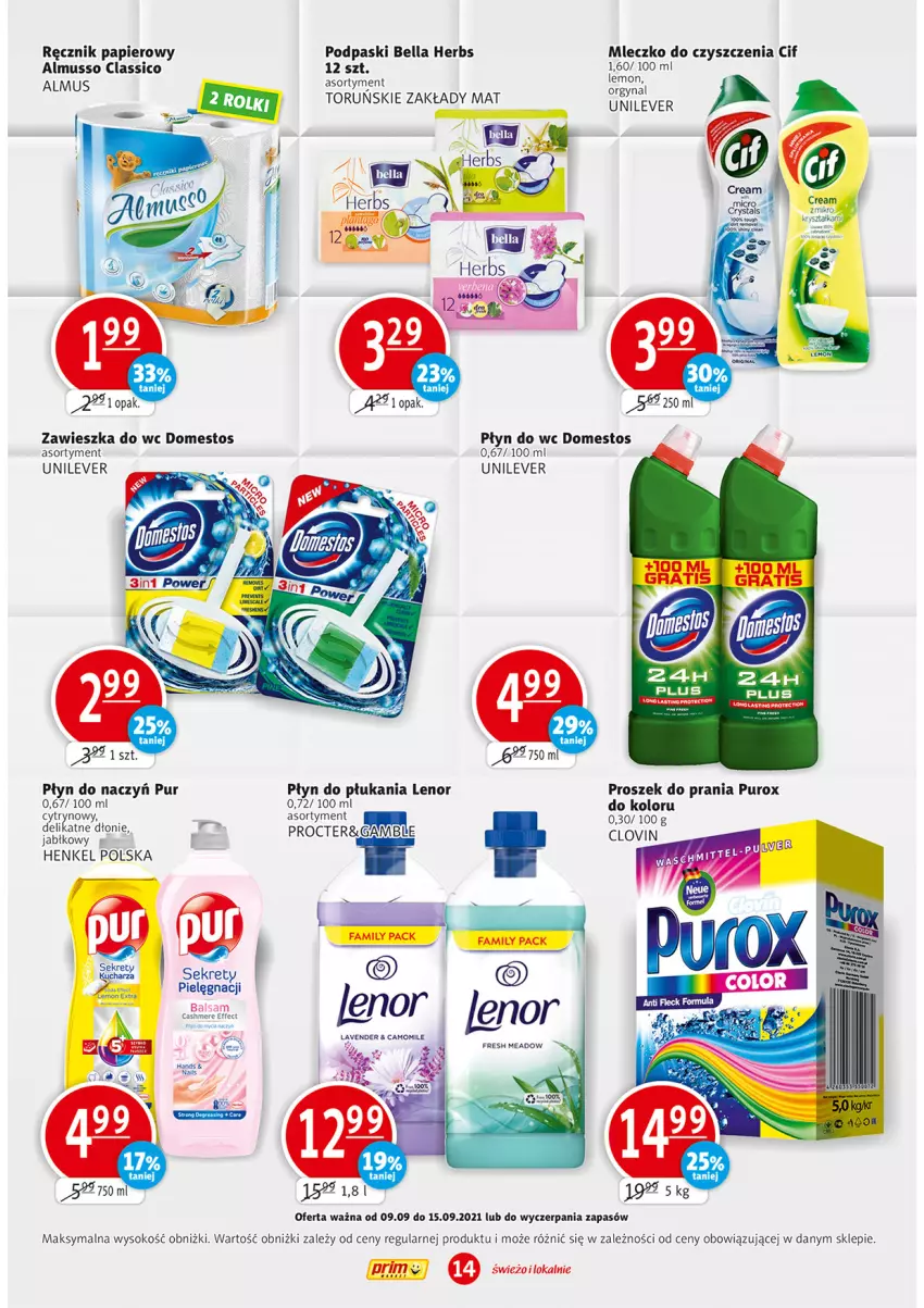 Gazetka promocyjna Prim Market - Gazetka - ważna 09.09 do 15.09.2021 - strona 14 - produkty: Bell, Bella, Cif, Domestos, Kret, Lenor, Lovi, Mleczko, Mus, Papier, Płyn do płukania, Płyn do wc, Podpaski, Proszek do prania, Pur, Ręcznik, Sok, Zawieszka do wc