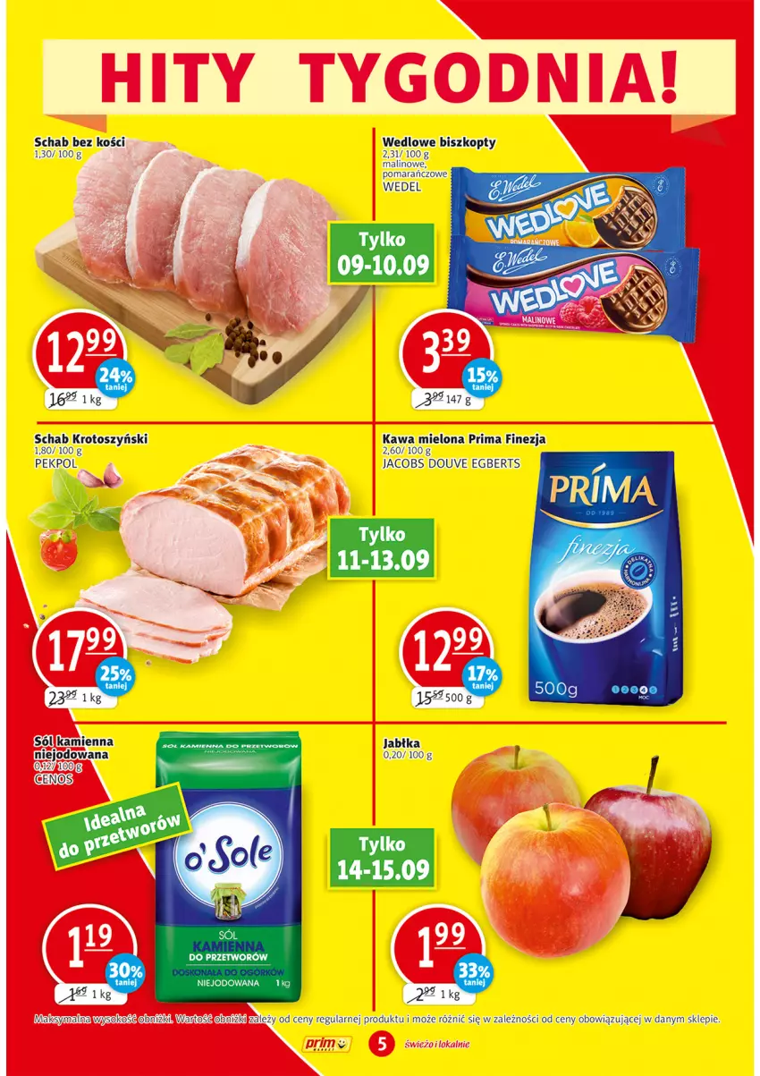 Gazetka promocyjna Prim Market - Gazetka - ważna 09.09 do 15.09.2021 - strona 5 - produkty: Biszkopty, Jabłka, Jacobs, Kawa, Kawa mielona, Pekpol, Prima, Schab bez kości, Schab krotoszyński, Sól