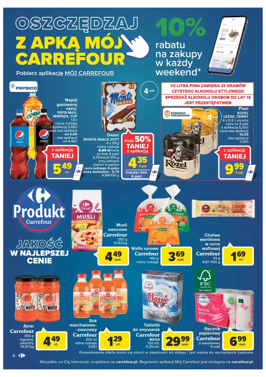 Gazetka promocyjna Carrefour - Gazetka Market - ważna 30.08 do 10.09.2022 - strona 4 - produkty: 7up, Chałwa, Gra, Kosz, Kozel, LG, Mirinda, Monte, Mus, Napój, Pepsi, Pepsi max, Piwa, Piwo, Rolki, Ser, Wafle, Zott