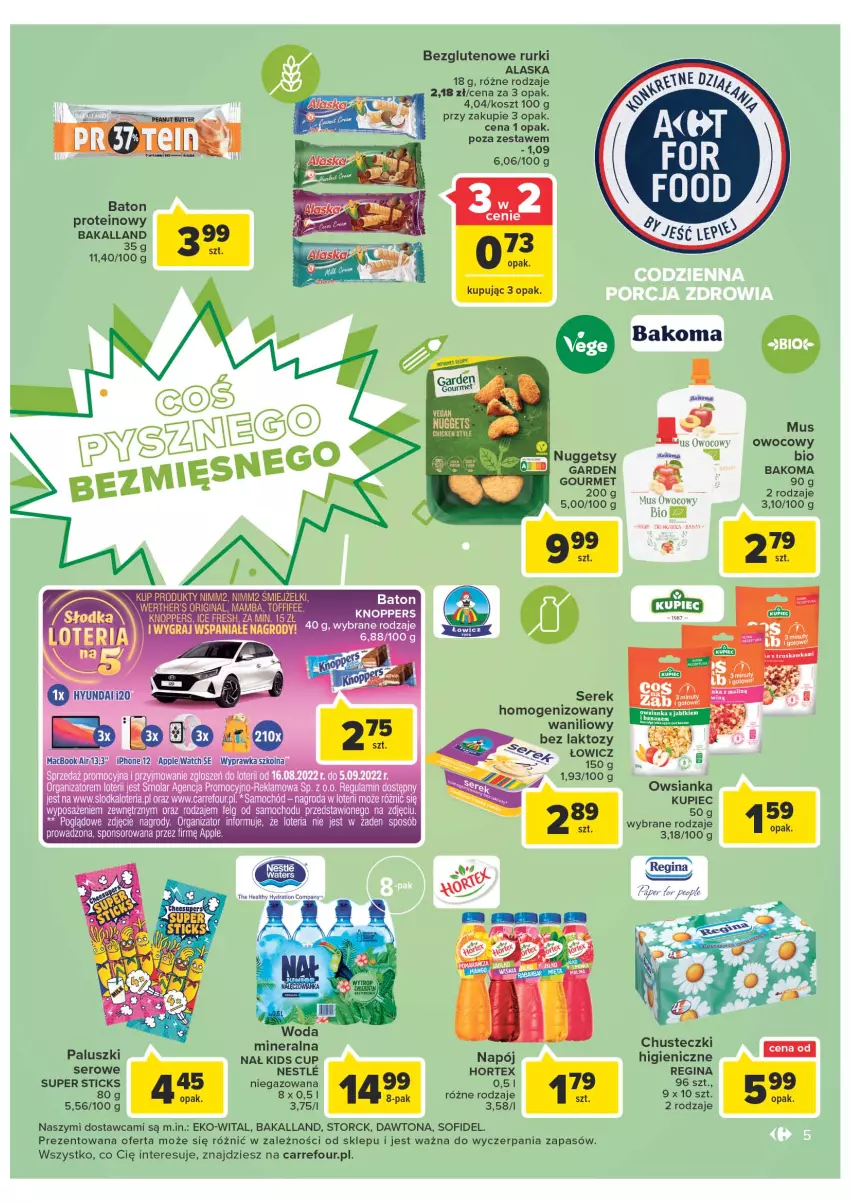 Gazetka promocyjna Carrefour - Gazetka Market - ważna 30.08 do 10.09.2022 - strona 5 - produkty: Bakalland, Bakoma, Baton, Chusteczki, Dawtona, Gin, Hortex, IPhone 12, Knoppers, Kosz, Kupiec, LG, Mola, Mus, Napój, Owsianka, Piec, Rurki, Samochód, Ser, Serek, Serek homogenizowany