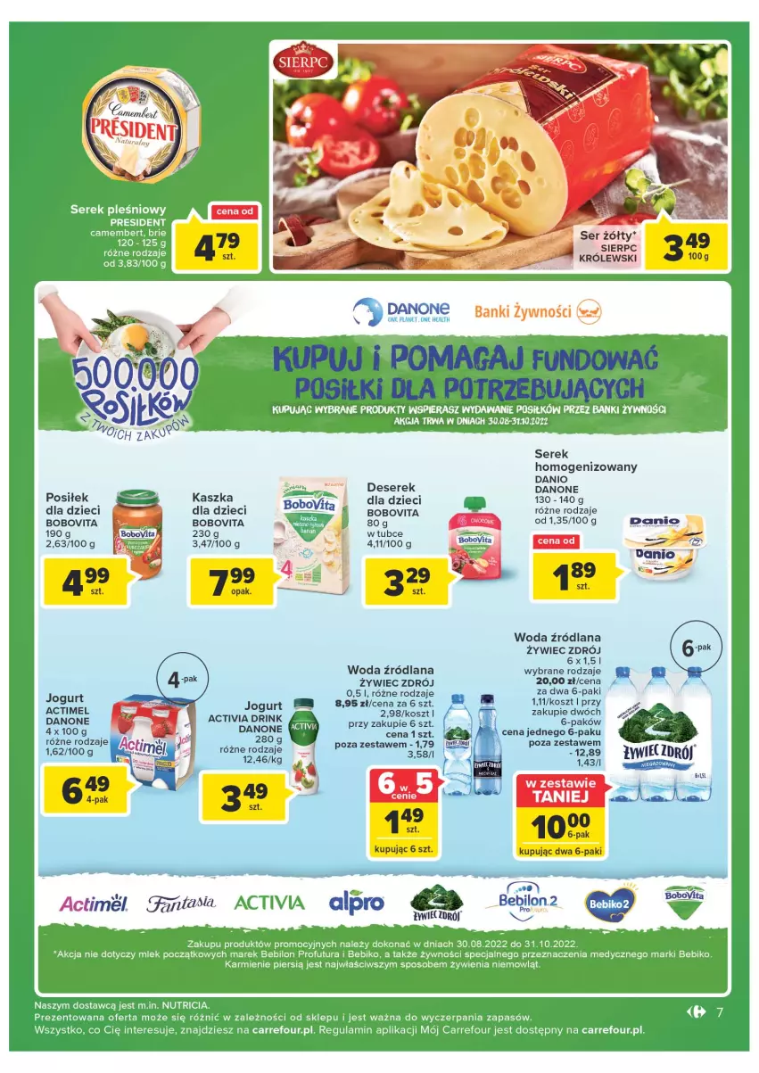 Gazetka promocyjna Carrefour - Gazetka Market - ważna 30.08 do 10.09.2022 - strona 7 - produkty: Actimel, Bebiko, BEBILON, BoboVita, Brie, Camembert, Danio, Danone, Deser, Dzieci, Jogurt, Karmi, Kosz, Królewski, LANA, Ser, Serek, Serek homogenizowany, Woda