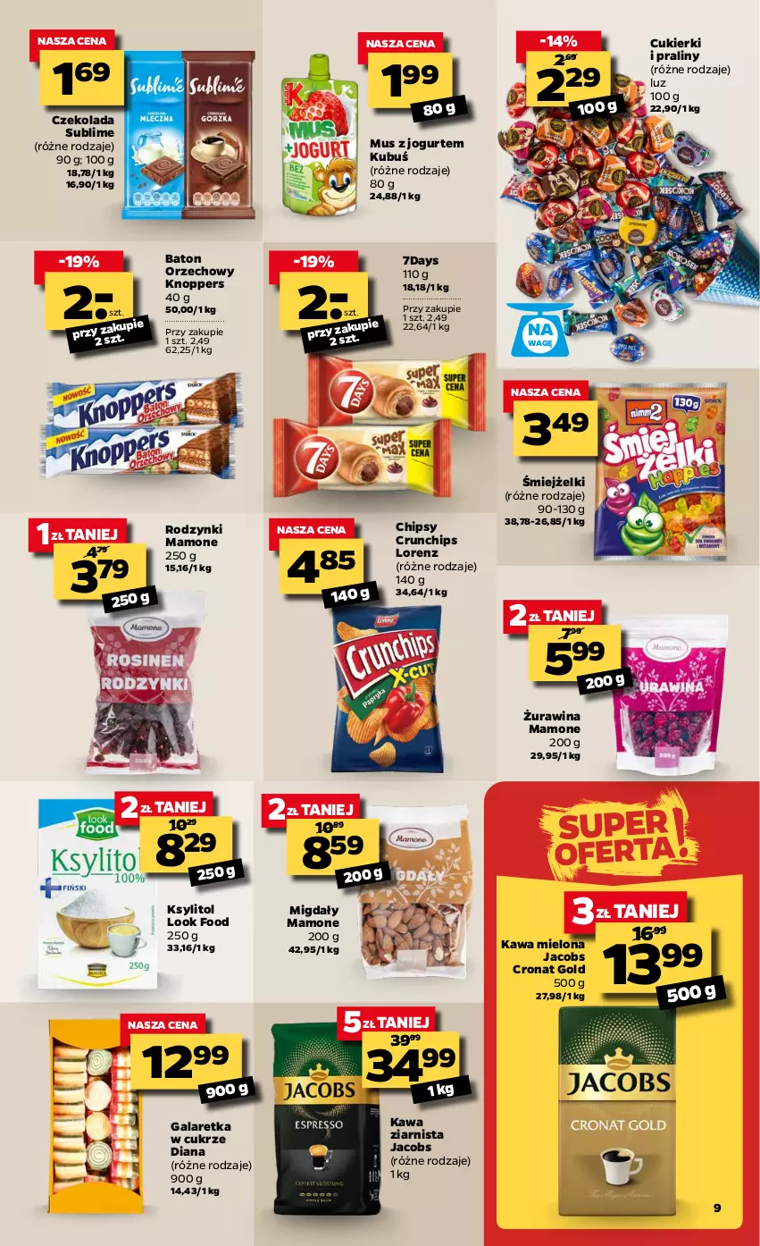 Gazetka promocyjna Netto - Oferta spożywacza - ważna 15.02 do 20.02.2021 - strona 9 - produkty: Baton, Chipsy, Crunchips, Cukier, Cukierki, Czekolada, Gala, Galaretka, Jacobs, Jogurt, Kawa, Kawa mielona, Kawa ziarnista, Knoppers, Ksylitol, Kubuś, Lorenz, Migdały, Mus, Praliny, Rodzynki