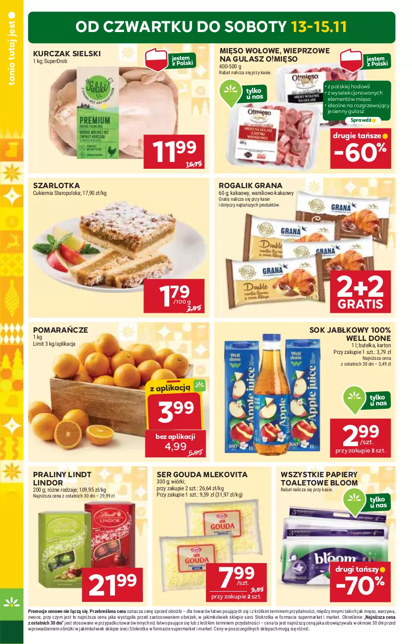 Gazetka promocyjna Stokrotka - Market - ważna 13.11 do 19.11.2025 - strona 2 - produkty: Cukier, Gouda, Gra, Kakao, Kurczak, Lindor, Lindt, Mięso, Mięso wołowe, Mleko, Mlekovita, Owoce, Papier, Pomarańcze, Praliny, Rogal, Ser, Sok, Sok jabłkowy, Szarlotka, Warzywa