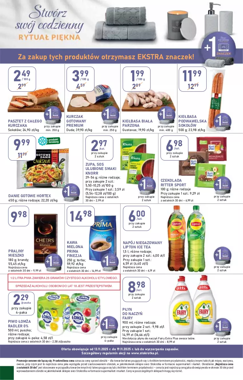 Gazetka promocyjna Stokrotka - Market - ważna 13.11 do 19.11.2025 - strona 20 - produkty: Brandy, Czekolada, Danie gotowe, Duda, Fa, Fairy, Gra, Hortex, Ice tea, Kawa, Kawa mielona, Kiełbasa, Kiełbasa biała, Kiełbasa podwawelska, Knorr, Kurczak, Kurczak gotowany, Lipton, Mięso, Napój, Napój niegazowany, Owoce, Pasztet, Piwa, Piwo, Por, Praliny, Prima, Radler, Ritter Sport, Sok, Sokołów, Sos, Sport, Torba, Warzywa, Wawel, Zupa