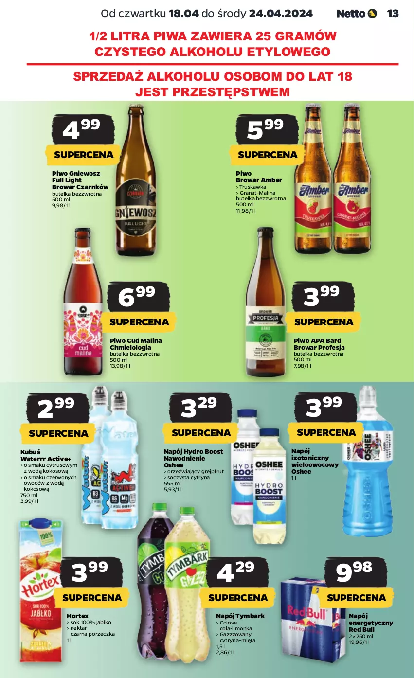 Gazetka promocyjna Netto - Artykuły spożywcze - ważna 18.04 do 24.04.2024 - strona 13 - produkty: Gra, Granat, Grejpfrut, Hortex, Kokos, Kubuś, Kubuś Waterrr, Limonka, Mięta, Napój, Napój energetyczny, Napój izotoniczny, Nektar, Oshee, Piwa, Piwo, Por, Red Bull, Sok, Tymbark