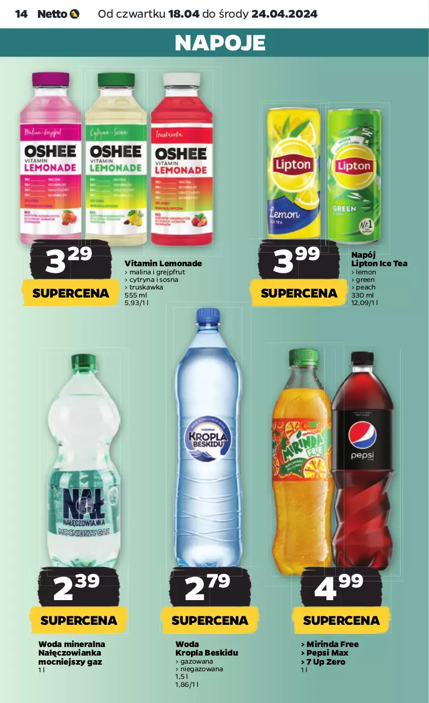 Gazetka promocyjna Netto - Artykuły spożywcze - ważna 18.04 do 24.04.2024 - strona 14 - produkty: Grejpfrut, Ice tea, Lipton, Mirinda, Nałęczowianka, Napój, Napoje, Pepsi, Pepsi max, Sos, Woda, Woda mineralna